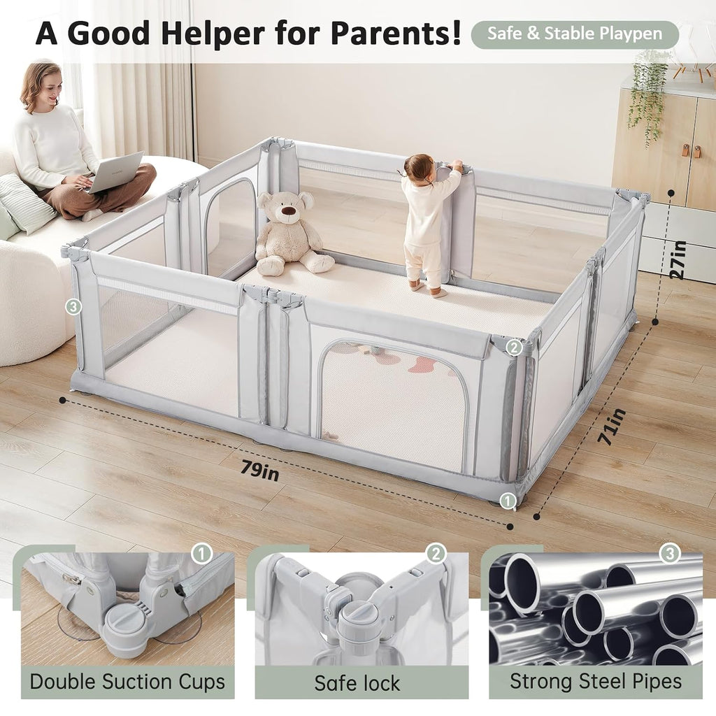 Dotey Adjustable Baby Playpen with Adult Door, Foldable Large Playpen for Babies and Toddlers, Breathable Mesh Indoor