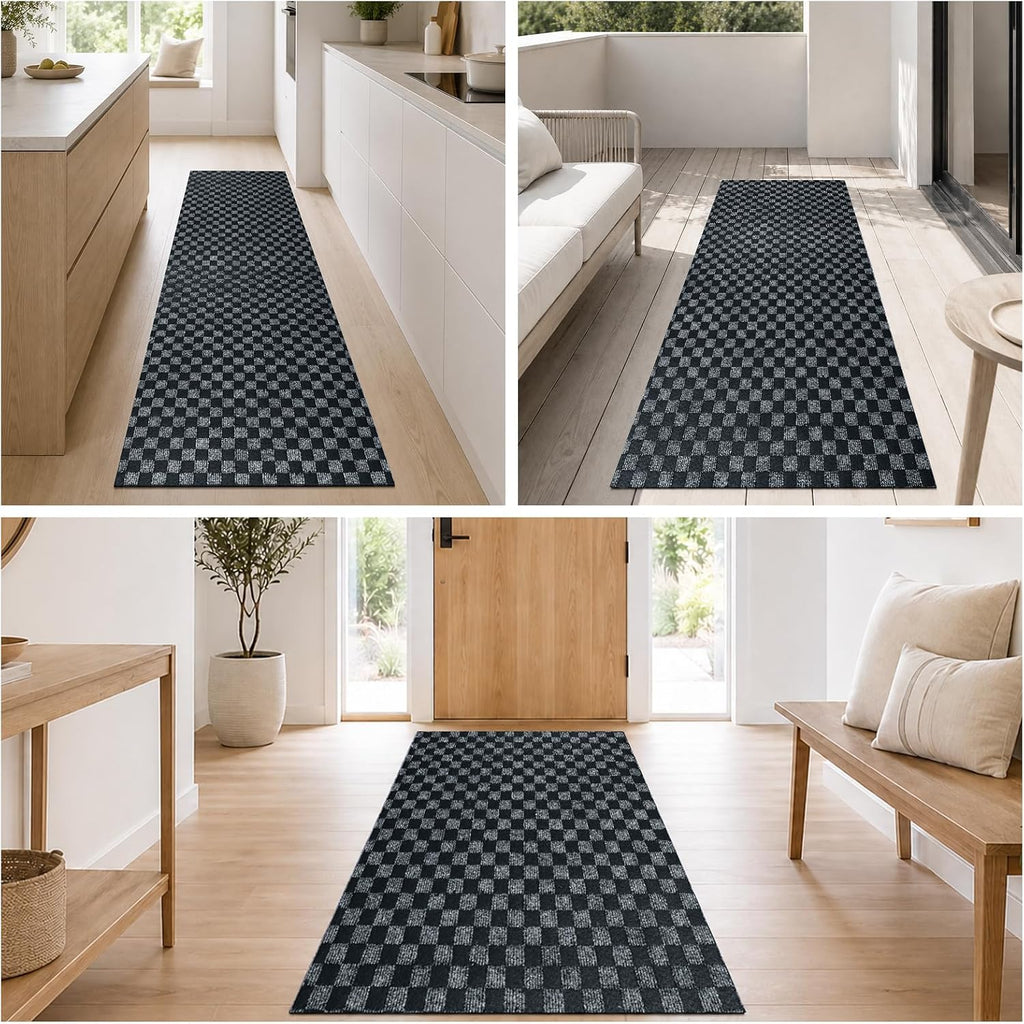 2x8 FT Non-Slip Kitchen Rugs with Rubber Backing, Black Check