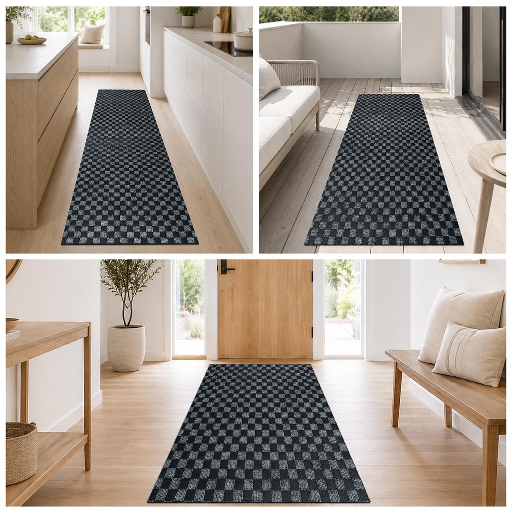4x16 FT Non-Slip Kitchen Rugs with Rubber Backing, Black Check