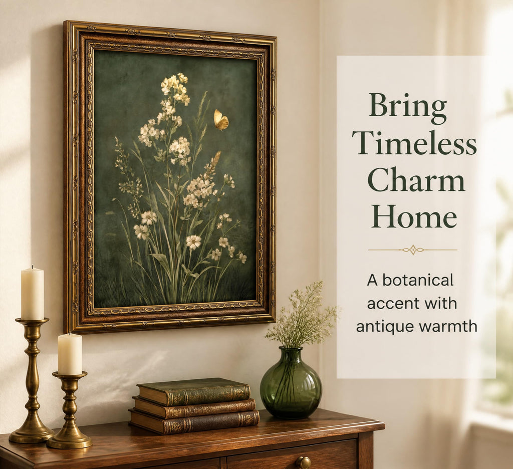 Vintage Gold Framed Botanical Wall Art Dark Green Botanical Floral Painting Picture Wall Decor Simple Cottagecore