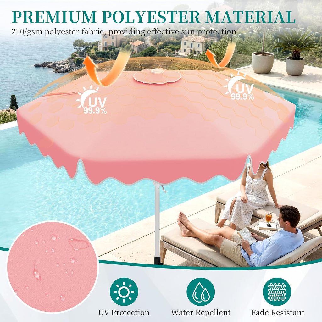 Patio Umbrella with Wavy Trim, UV-Fade-Resistant Canopy, Crank & Tilt - Peach Pink 9ft