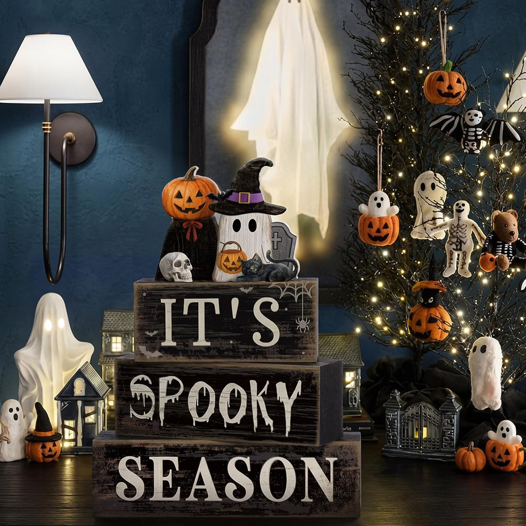 Halloween Table Decor Pumpkin Ghost Wood Stacked Block Decor - Set of 4