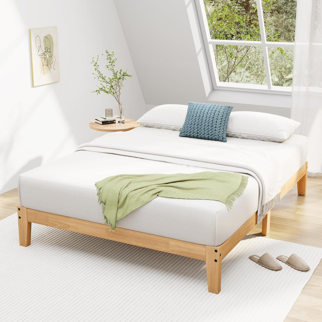Queen Bed Frame, 12 Inch Solid Wood Platform Bed with Wooden Slats, Natural Finish Wood Bed Frame No Box Spring