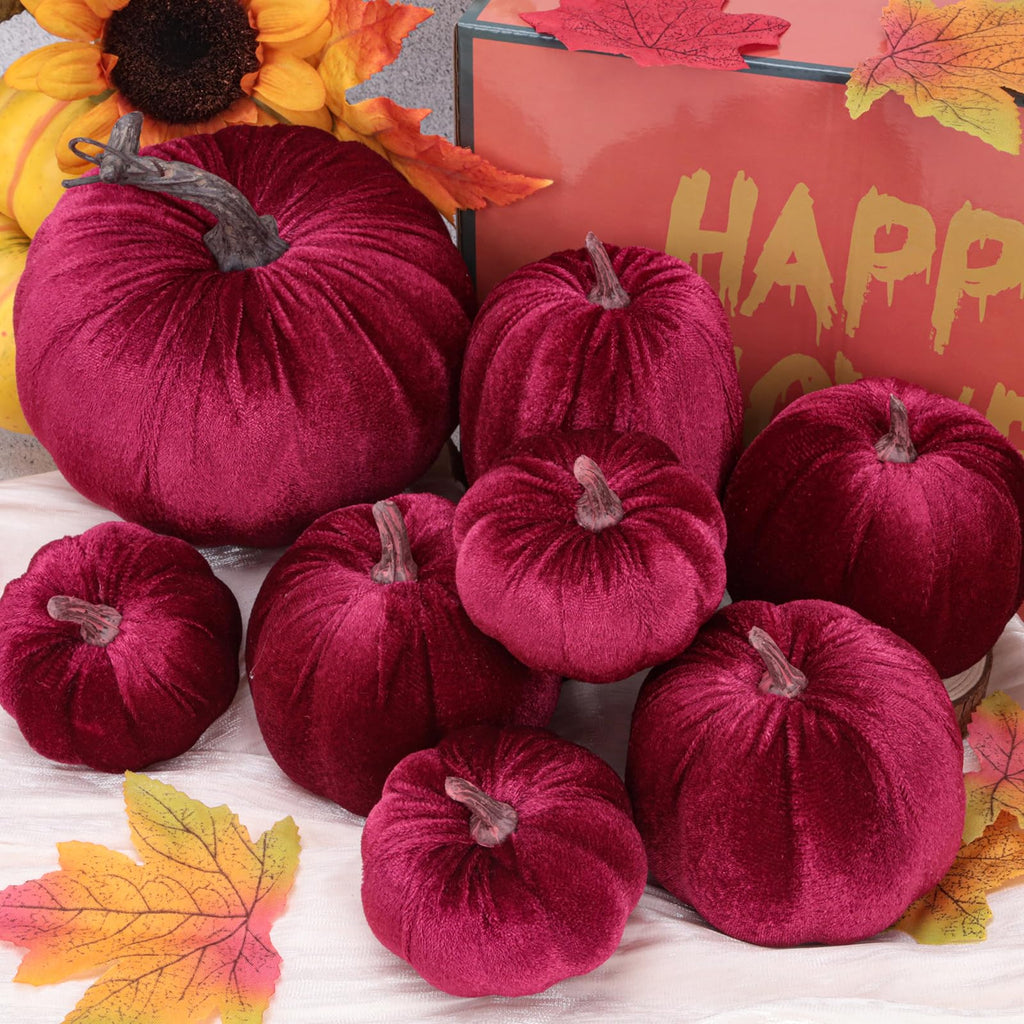 8 Pcs Fake Wine Red Velvet Pumpkins Artificial Pumpkin Decoration