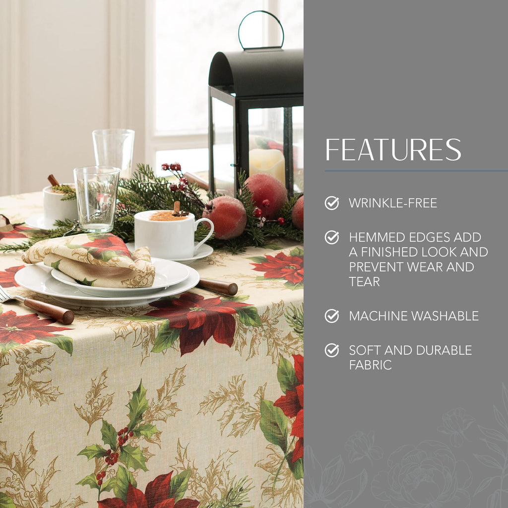 Festive Poinsettia Holiday Fabric Tablecloth, Multicolor - 60" W x 84" L