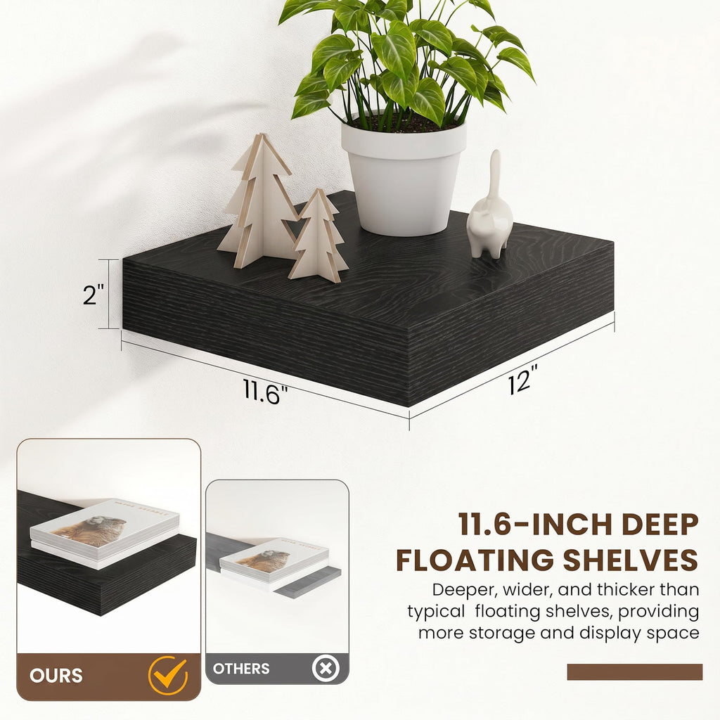 12 Inch Deep Floating Shelves, 12'' x 12'' Black Shelves Set of 2