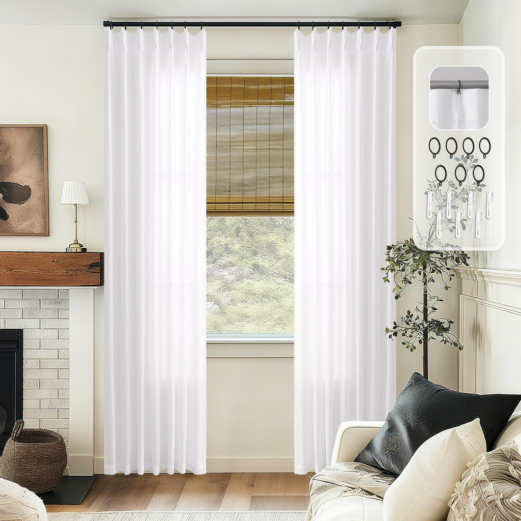 White Pleated Linen Curtains 120 Inches Long Extra Long Semi Sheer