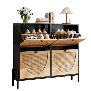 Rattan Shoe Cabinet Storage with 4 Flip Drawers, Black