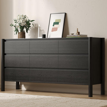 63" Wide Black 9 Drawer Dresser with Solid Wood Legs