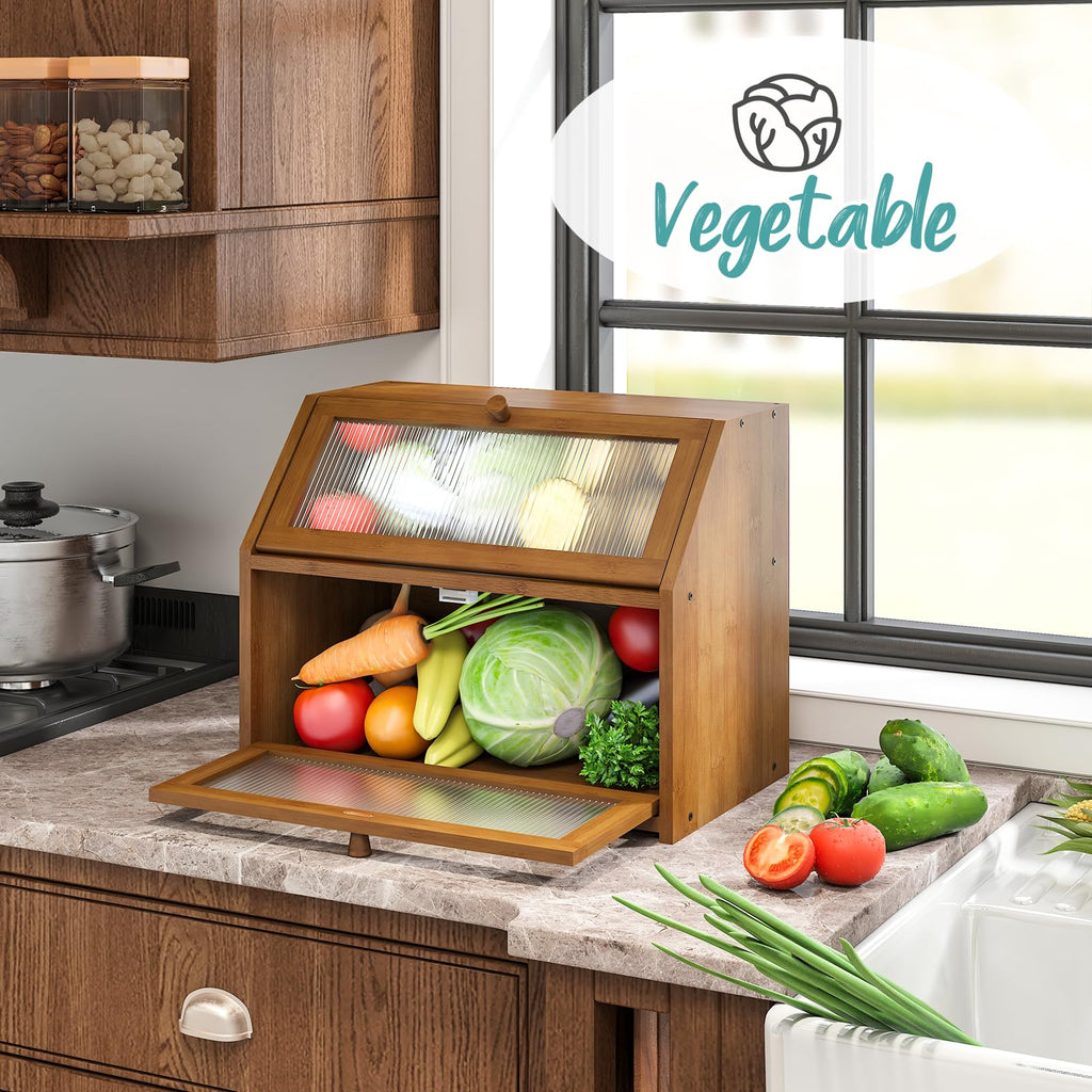 Counter, Large Bamboo Wood Double Layer, Wooden Bread Storage Capacity