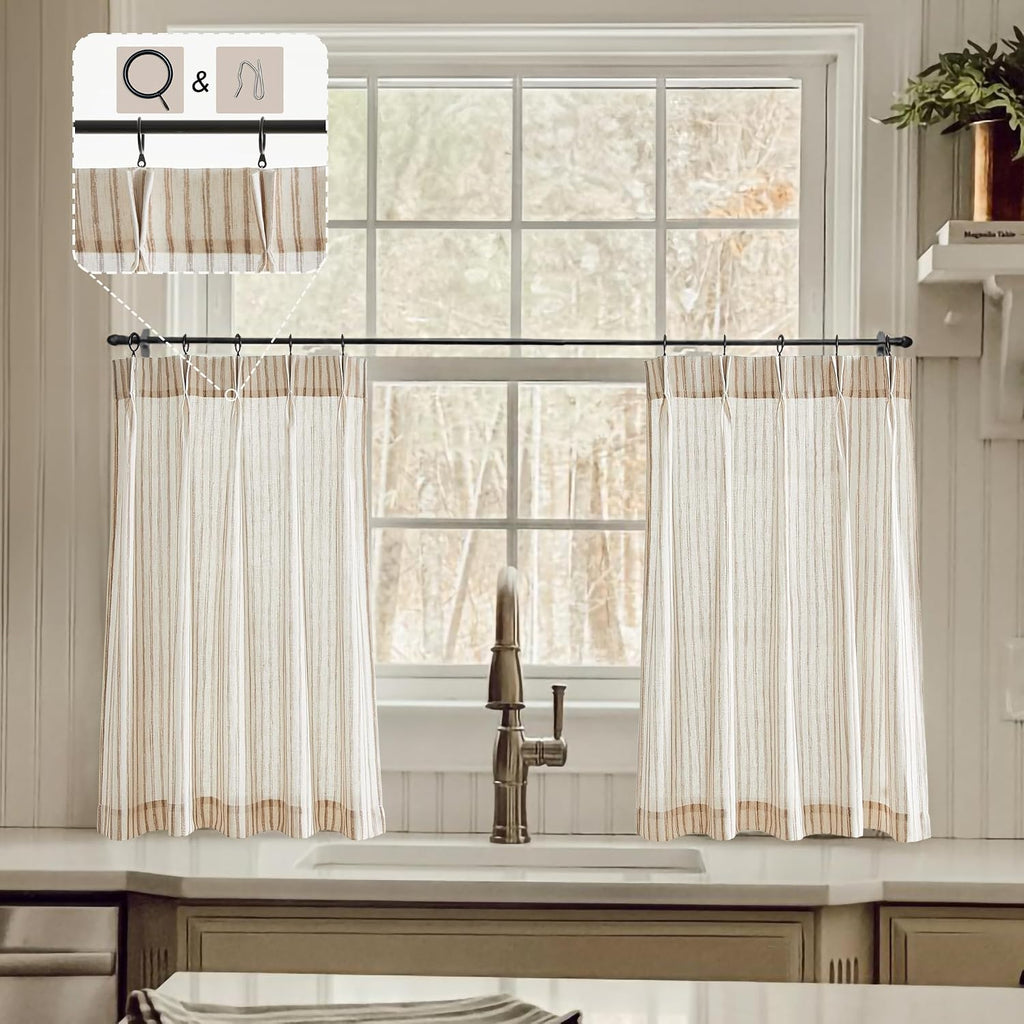Kitchen Curtains for Small Window,Cafe Curtains 24 Inch Length,Boho Striped Kitchen Pinch Pleat Curtain with Hooks