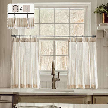Kitchen Curtains for Small Window,Cafe Curtains 24 Inch Length,Boho Striped Kitchen Pinch Pleat Curtain with Hooks