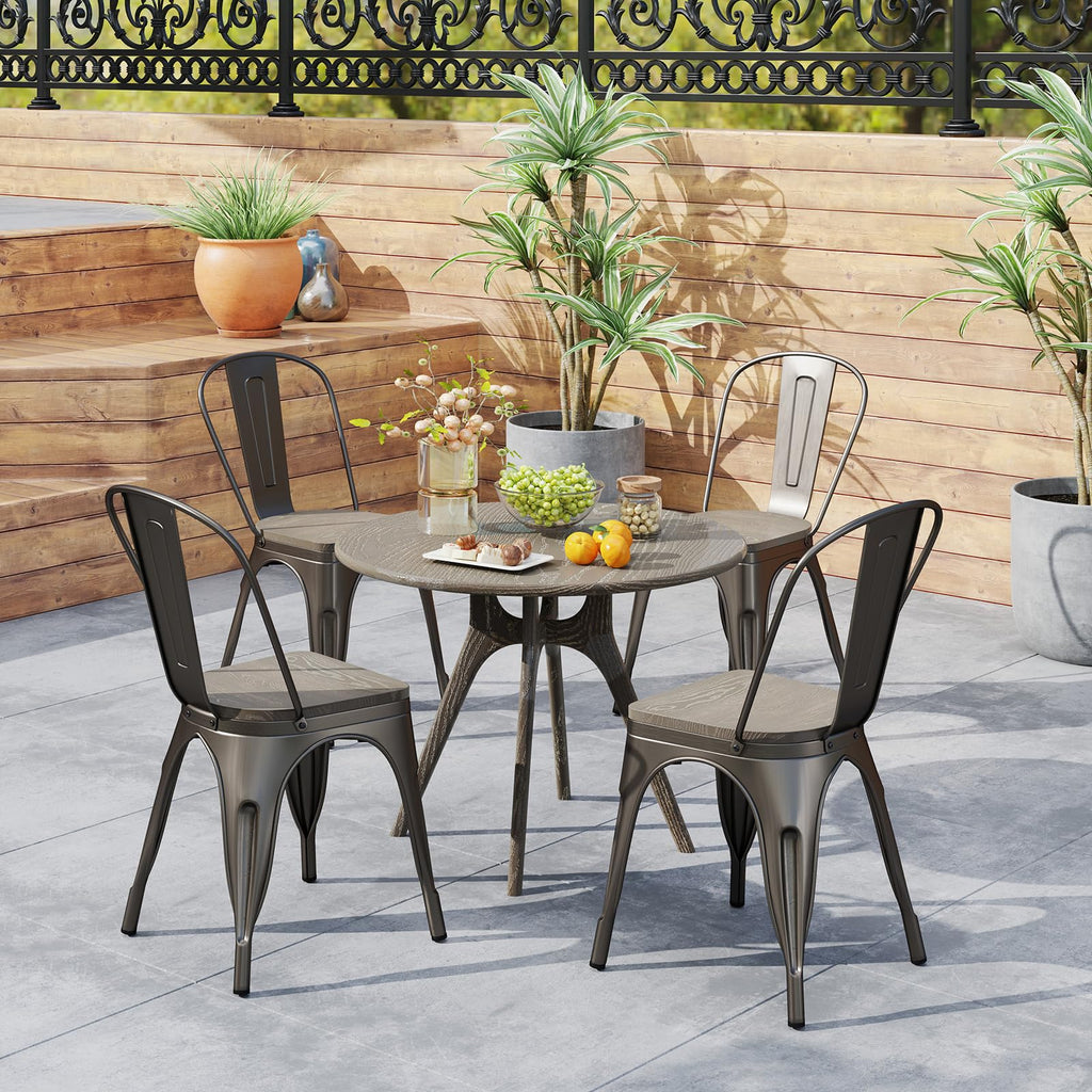 Industrial Style Dining Chair Set of 4, 18" Stackable Metal Chairs Set with High Backrest, Wood Seat & Non-Slip Foot