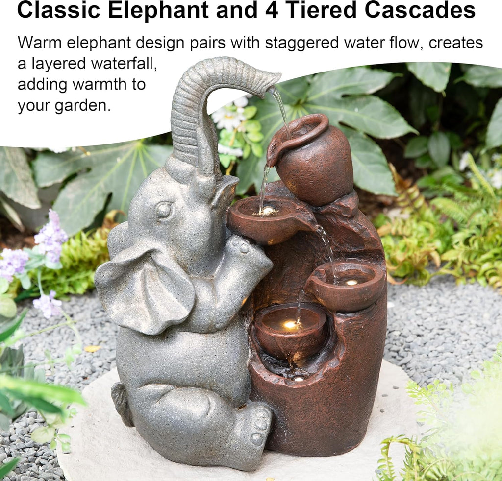Outdoor Water Fountain, 4-Tiered Elephant and Pot Outdoor Fountain with Lights, 18.5" H Polyresin Decorative