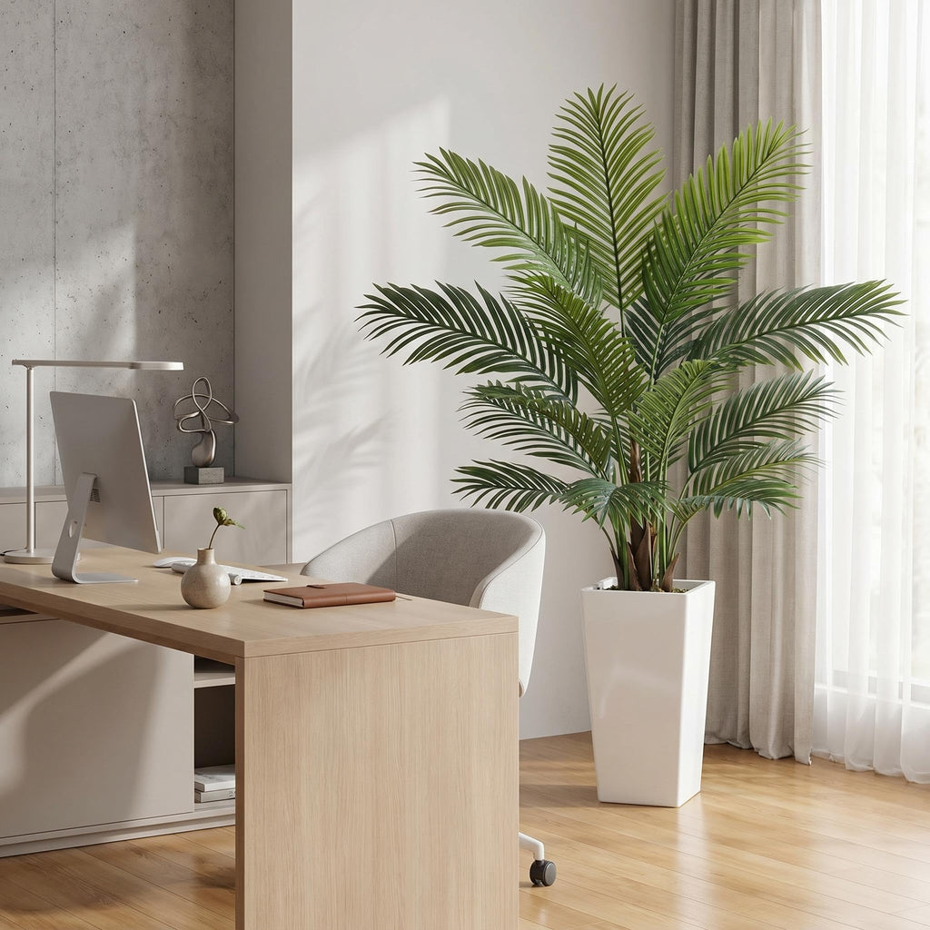 5FT Artificial Palm Tree, Tall Faux Tropical Areca Plants with White Tall Planter, Fake Potted Tree with Lifelike