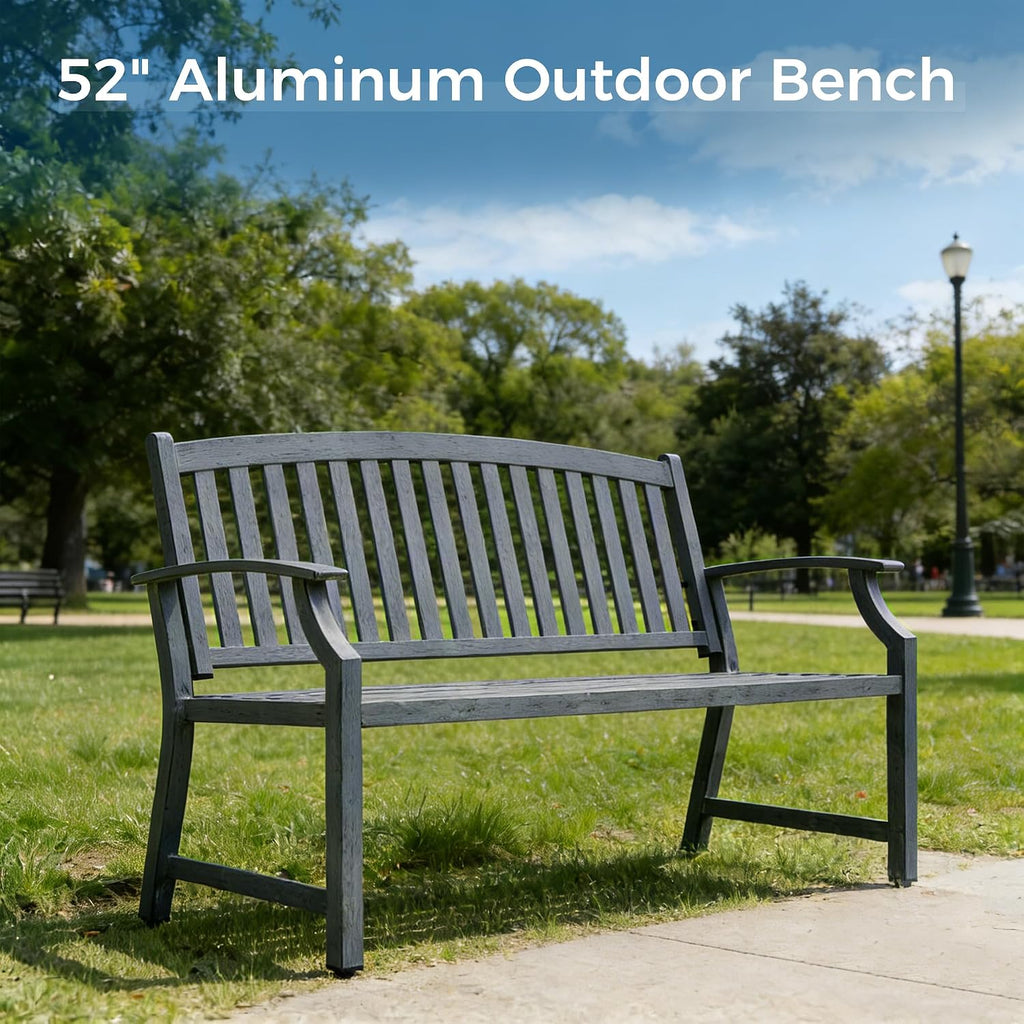 52" Farmhouse Outdoor Bench, Garden Benches with Anti-Rust Aluminum Metal Frame, Faux Wood Grain Finish Frame Patio