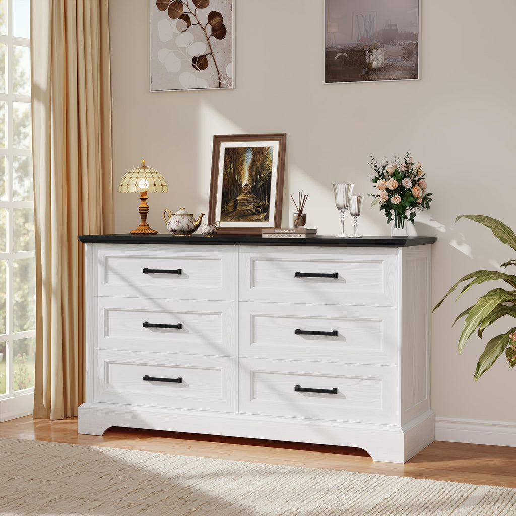 Farmhouse 6 Drawers Dressers, White and Black