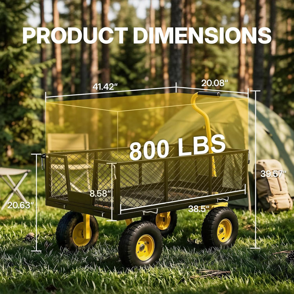 Heavy Duty 800 LBS Steel Garden Cart Wagon, Pullable Wheeled Metal Yard Utility Cart with Yellow Towing Handle