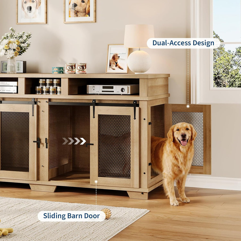 71'' Dog Crate Furniture for 2 Dogs, Extra Large Double Dog Kennel Indoor with Removable Divider and Storage Drawers