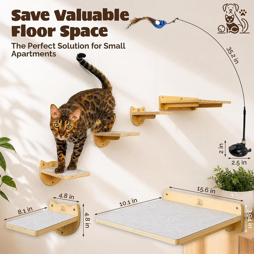 Cat Wall Shelves & Climbing System - Modern Furniture Set with 3 Steps & Perch for Indoor Cats, Includes Wand Toy