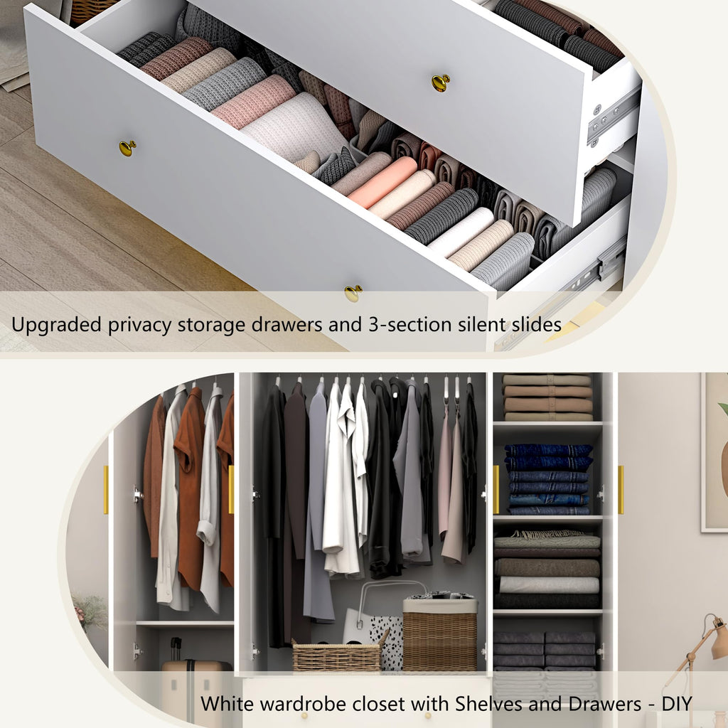 4 Door Wardrobe Closet with Mirrors and LED Lights, Bedroom Armoire with Drawers and Shelves, Modern Wooden Armoire