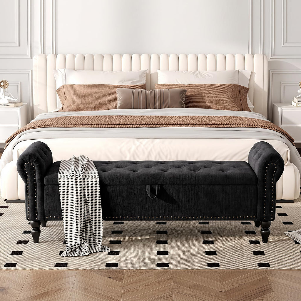 63" End of Bed Storage Bench, Bedroom Bench with Button-Tufted, Upholstered Storage Ottoman Benches Window Bench with