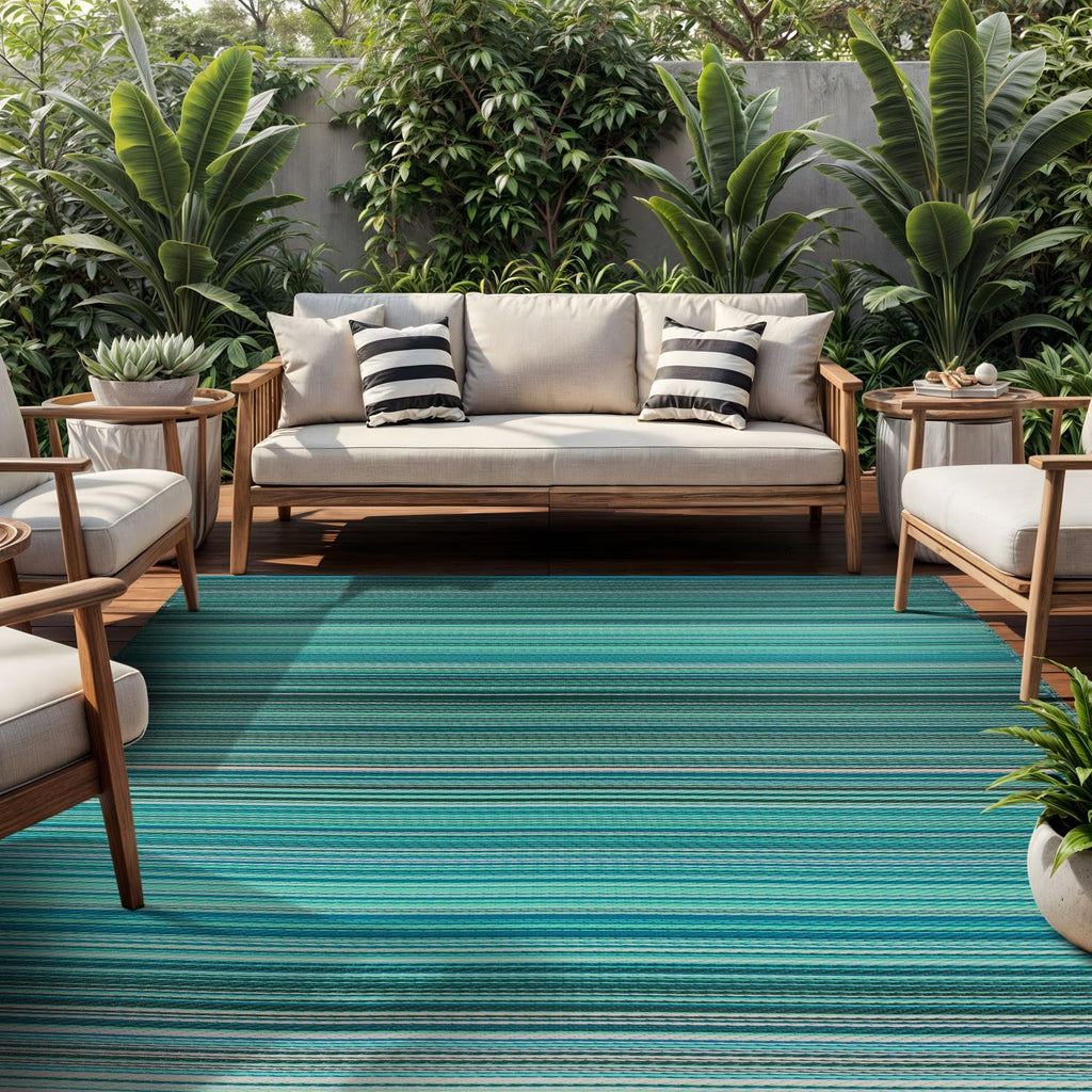 Contemporary Stripe Patio Deck Backyard Area Rug Blue