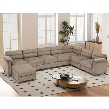 135" Modular Sectional L Shaped Corner Sofa with Movable Ottoman, Premium Corduroy 8-Seater Couches with Rolled Arms