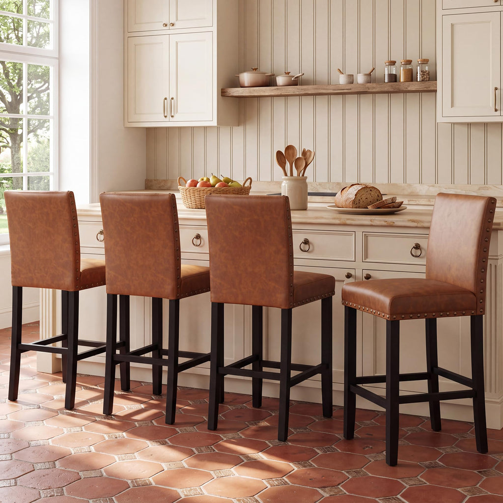Upholstered Counter Stool, 24" Seat Height, Solid Wood Frame, 300 lbs Cap, PU Leather or Fabric, Nailhead Trim