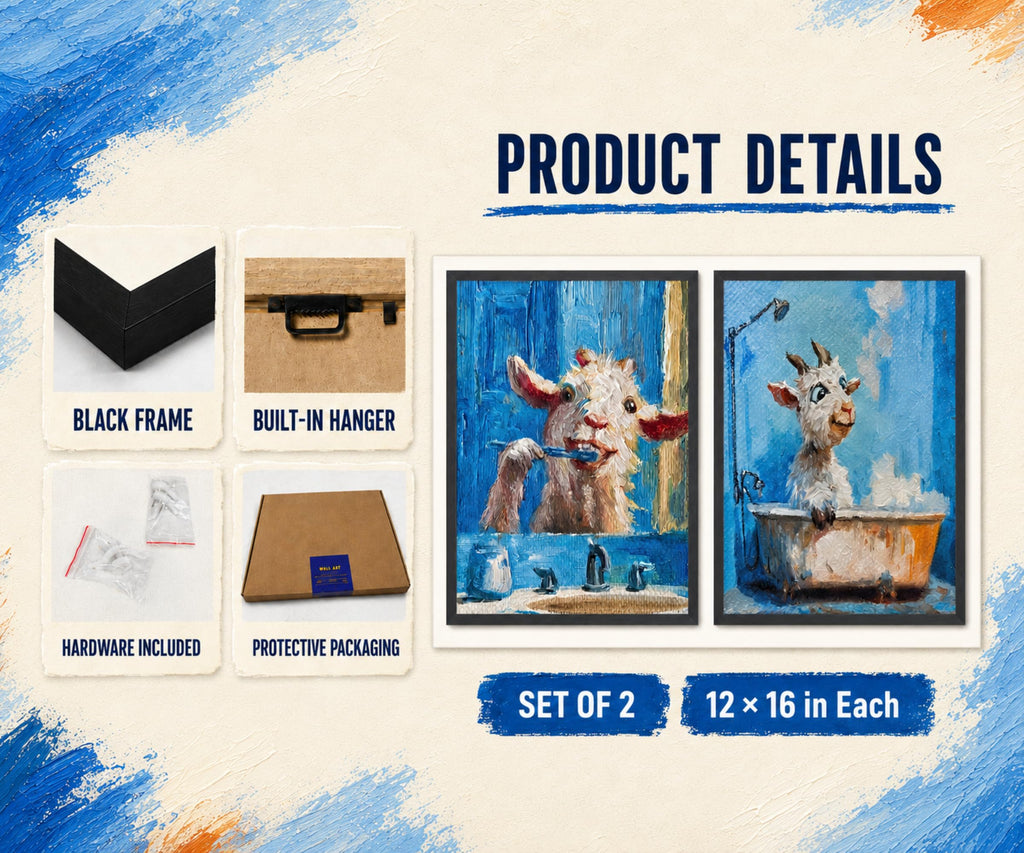 Funny Goat Bathroom Wall Art, Framed Canvas Set of 2, 12x16 in