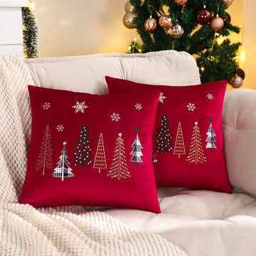 Christmas Throw Pillow Covers 16x16 inch Red Xmas Tree - Set of 2