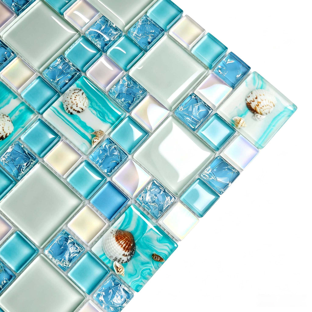 Coastal Glass Mosaic Tile, Blue Iridescent, 5 Sq Ft