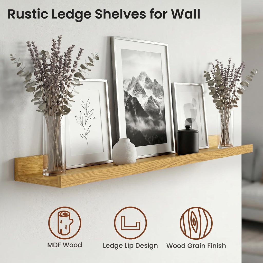 40 Inch Floating Shelves, Oak Picture Ledge Shelf Set of 4