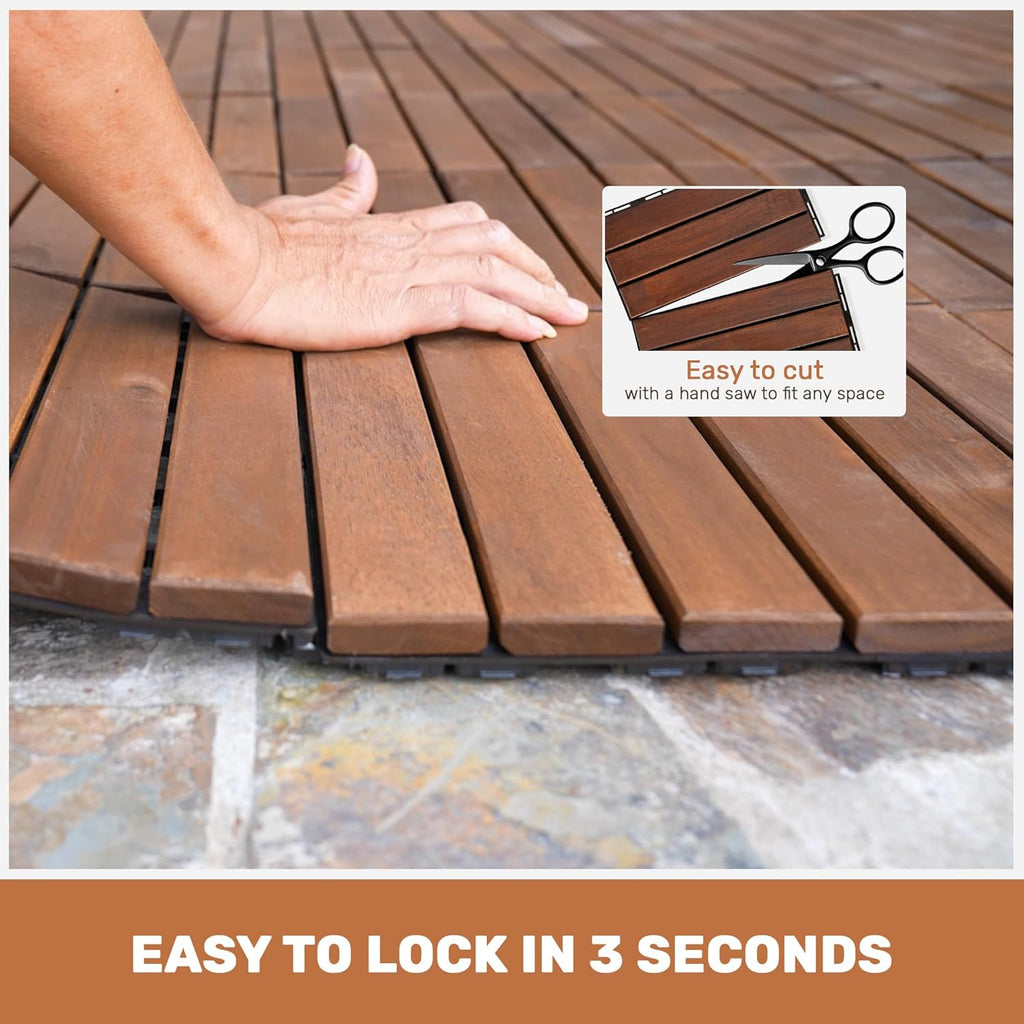 Wood Interlocking Deck Tiles, 12" x 12" Square Outdoor Flooring, Water-Resistant Patio Tiles for Balcony, Poolside