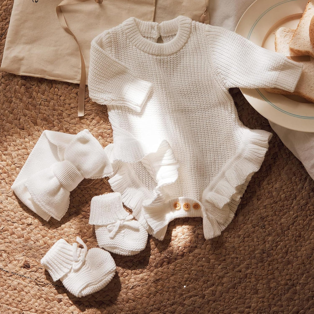 Cotton Newborn Set with Knit Sweater, Hair Band, Booties, Baby Girls