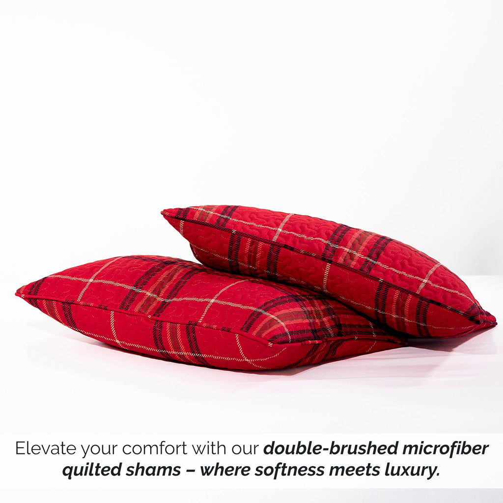Euro Quilted Pillow Shams Covers 26x26 Inch, Set of 2 Vilano Plaid Red