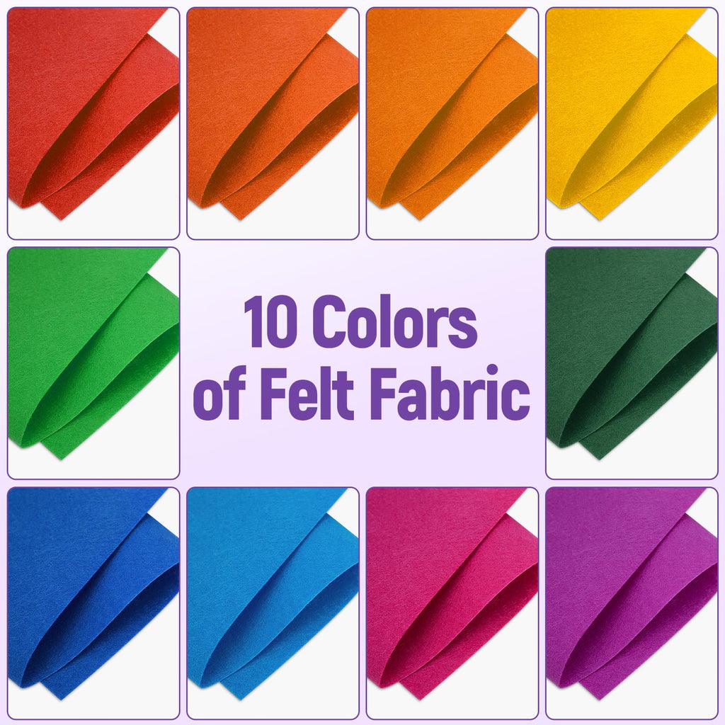 10 Sheets Felt Fabric for Crafts, 8x20 Inch 1.4mm Thick (Rainbow)