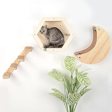 3-Piece Cat Wall Furniture Set: Hammock, Hexagon House & Climbing Steps, Wall-Mounted Wooden Shelves for Indoor Cats