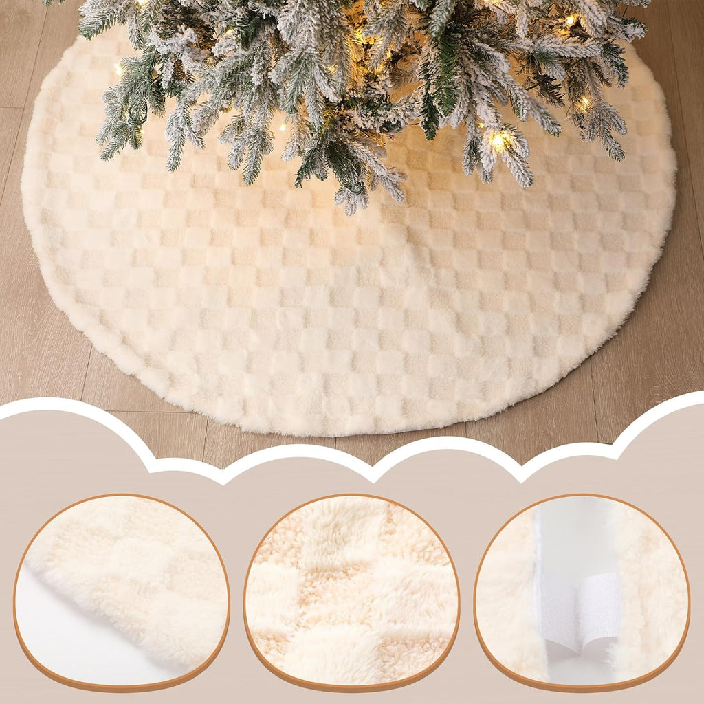 Christmas Tree Skirt 48 Inches White Checkered Faux Fur Rabbit Tree Skirt Soft Holiday Indoor Outdoor Decor for Merry