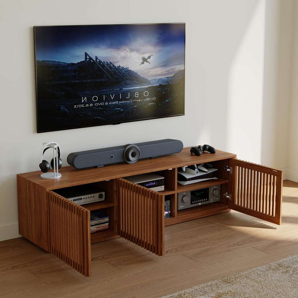 Full Assembled Mid Century Modern TV Stand, 59.06" Wood Slatted Media Console for 55 inch TV, Entertainment Center