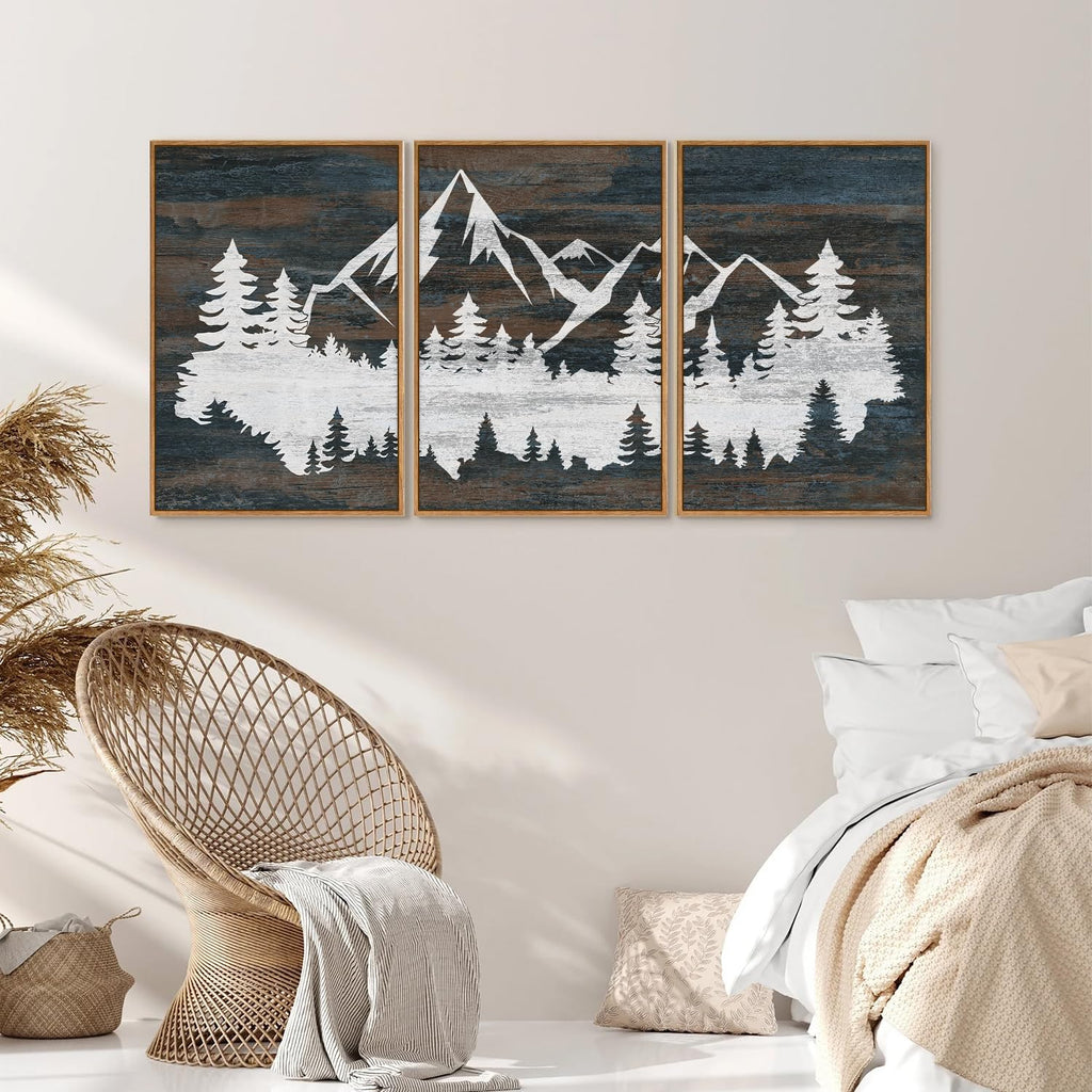 Vintage Mountain Framed Canvas Wall Art, White Snowy Nature Landscape Wall Decor, Rustic Wilderness Forest Art
