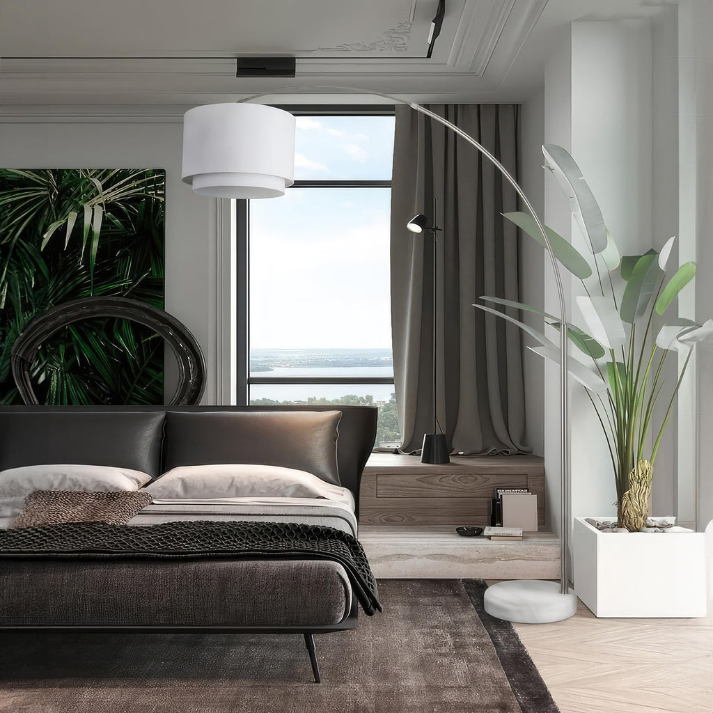Modern Arcing Floor Lamp - Tall Stand Up Arching Drum Shade - Large Contemporary Floor Lamp s and Bedrooms - Corner