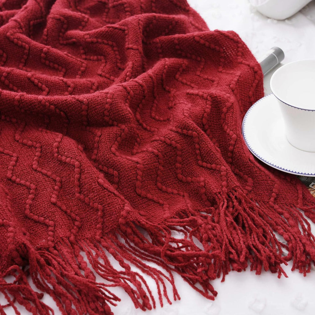 Christmas Red Throw Blanket for Couch, Textured Soft Burgundy Throw Blankets, Decorative Knitted Red Blanket for Sofa