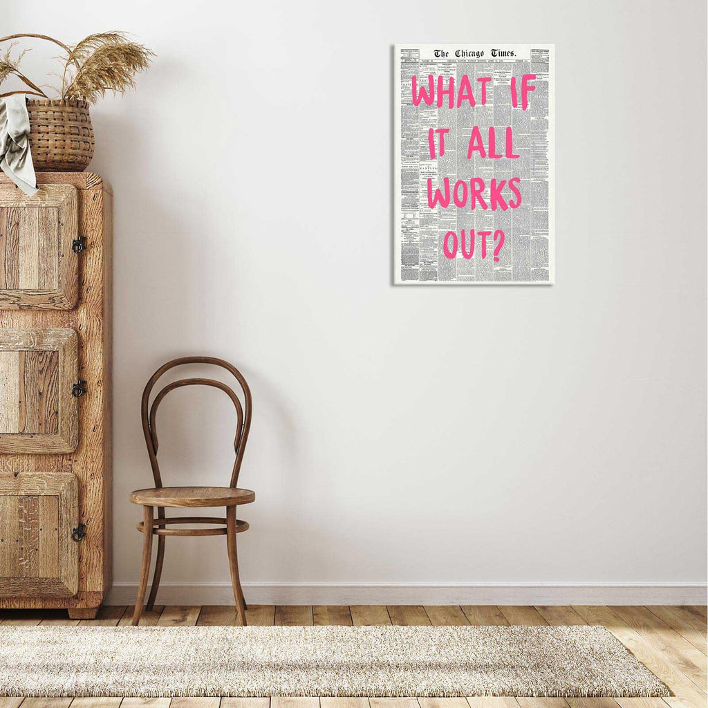 What If It All Works Out Poster Retro Newspaper Pink Font Canvas Wall Art Positive Affirming Quote Minimalist Prints