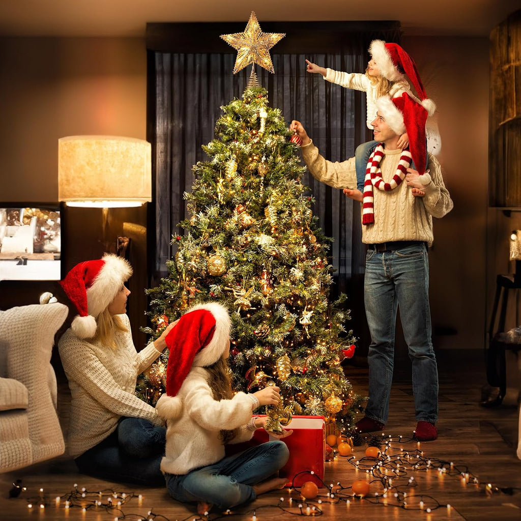 Star Tree Topper, Plug in 3D Star Tree Topper, 11"Golden Glittered Metal Hollow Designed Built-in 10 Bulbs String