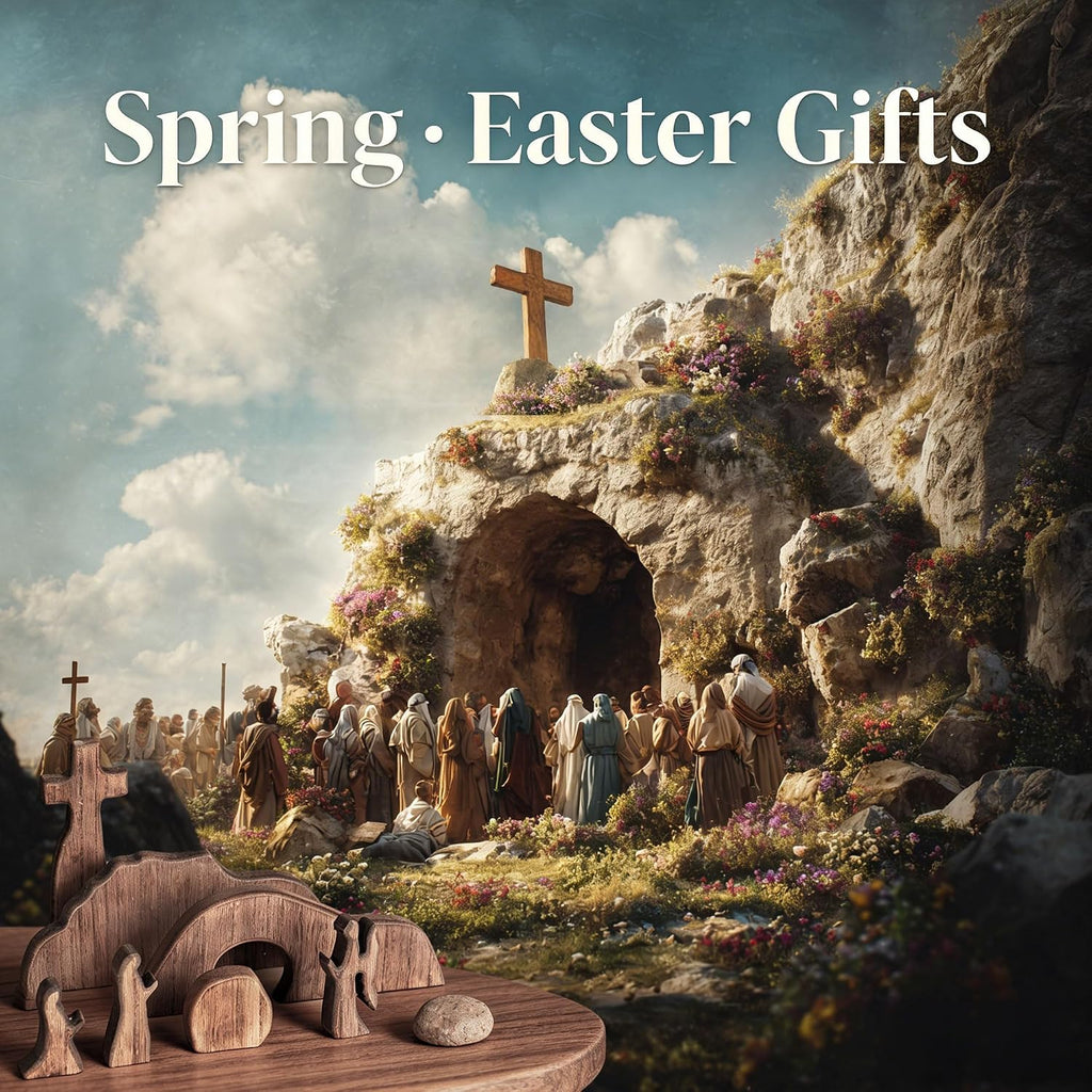 Empty Tomb Easter Scene and Cross Decoration, Wooden Jesus Resurrection Nativity Set, Religious Christian Tabletop - Set of 7