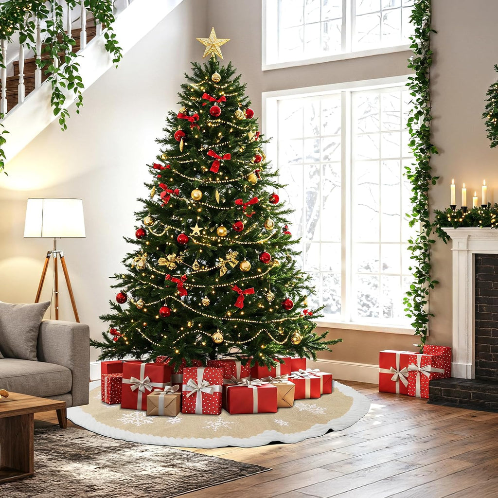 72 inch Christmas Tree Skirt, Burlap Tree Skirt for 7.5 ft Tree to 12 ft Tree, Large Snowflake Tree Skirt with Faux