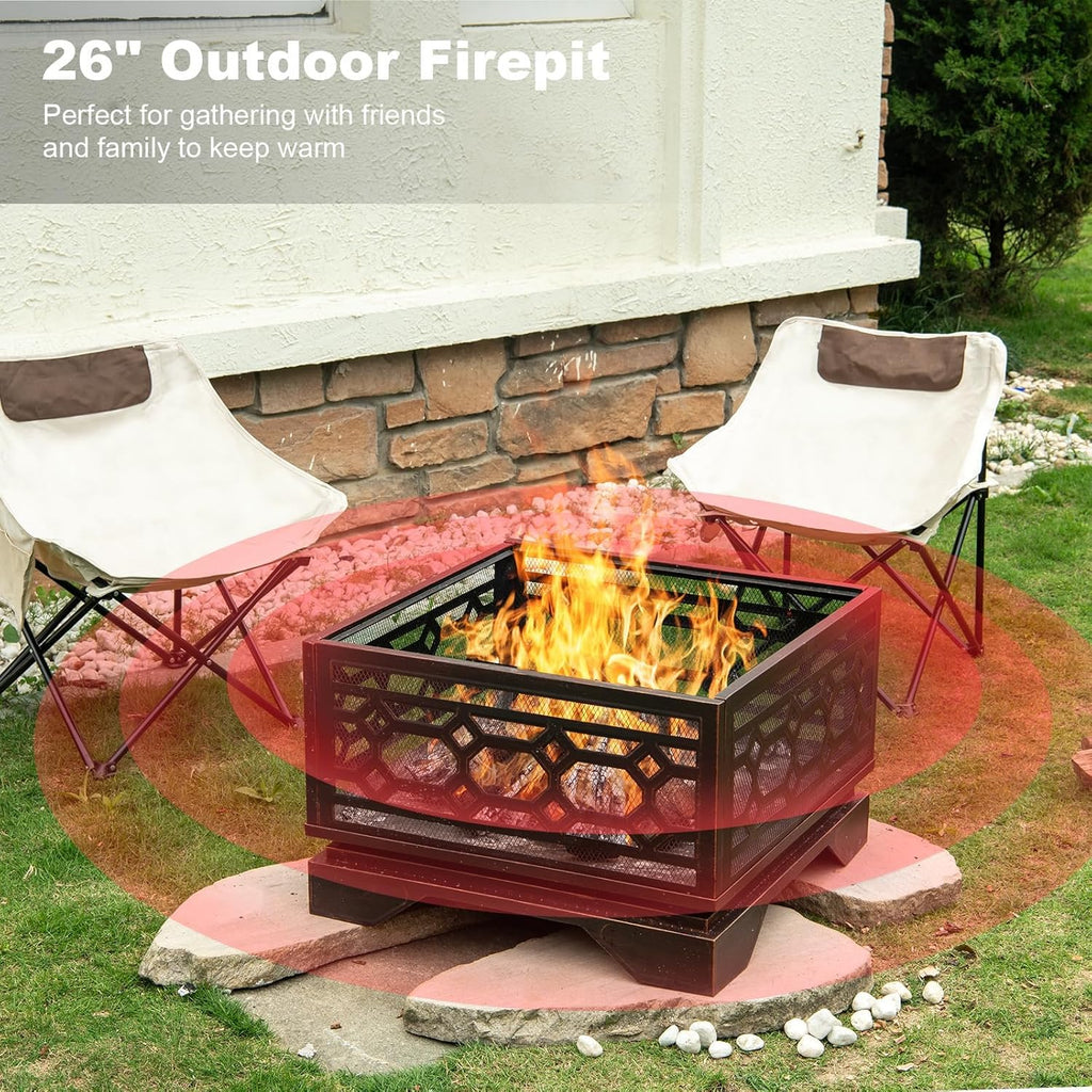 Outdoor Fire Pit, 26 Inch Wood Burning Firepit for Outside with Mesh Cover & Fire Poker, Large Square Metal Fireplace