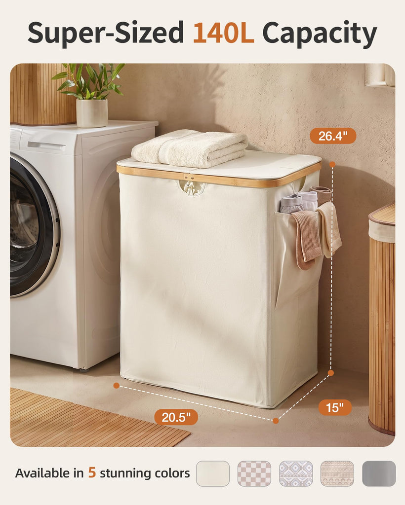 140L Laundry Hamper with Lid, 2 Section Dirty Laundry Bin