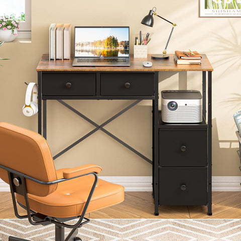 Small Computer Desk with 4 Fabric Drawers, Simple Writing Desk, Compact Study Desks for Small Spaces, Kids Desk Study